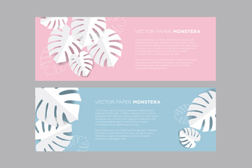 Paper 3d palm leaves collage banners temlates on pastel background