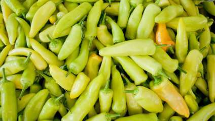 sweet peppers, thin, light green and yellow, used as spices or grilled, at local vegetable market, agriculture, food, vitamins, nourishment, nutrition, summer, background, basket, Milan, Italy
