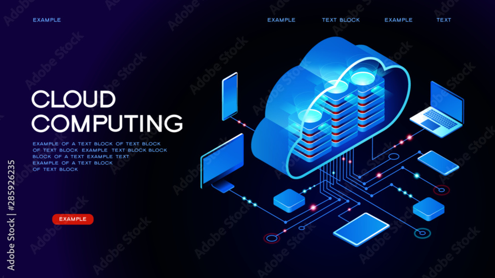 Poster cloud computing. online devices upload, download information. data in database on cloud services. is