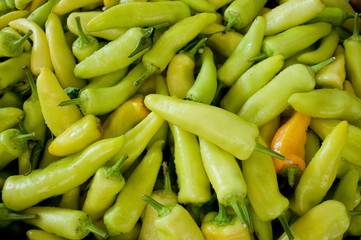 sweet peppers, thin, light green and yellow, used as spices or grilled, at local vegetable market, agriculture, food, vitamins, nourishment, nutrition, summer, background, basket, Milan, Italy