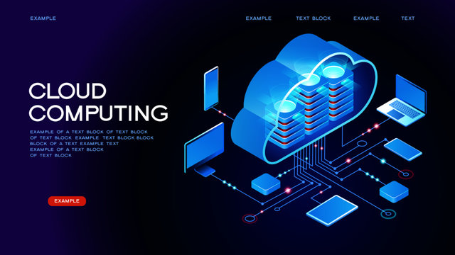 Cloud computing.  Online devices upload, download information. Data in database on cloud services. Isometric concept. Modern 3d isometric vector illustration of web page.