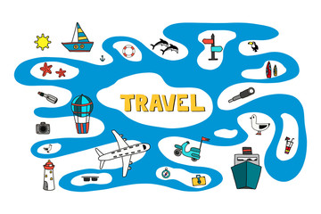 Fototapeta na wymiar Travel background with doodles elements. Vector illustration.