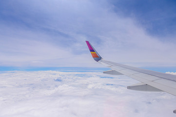 Plain wing over blue sky and sea  travel on the plain