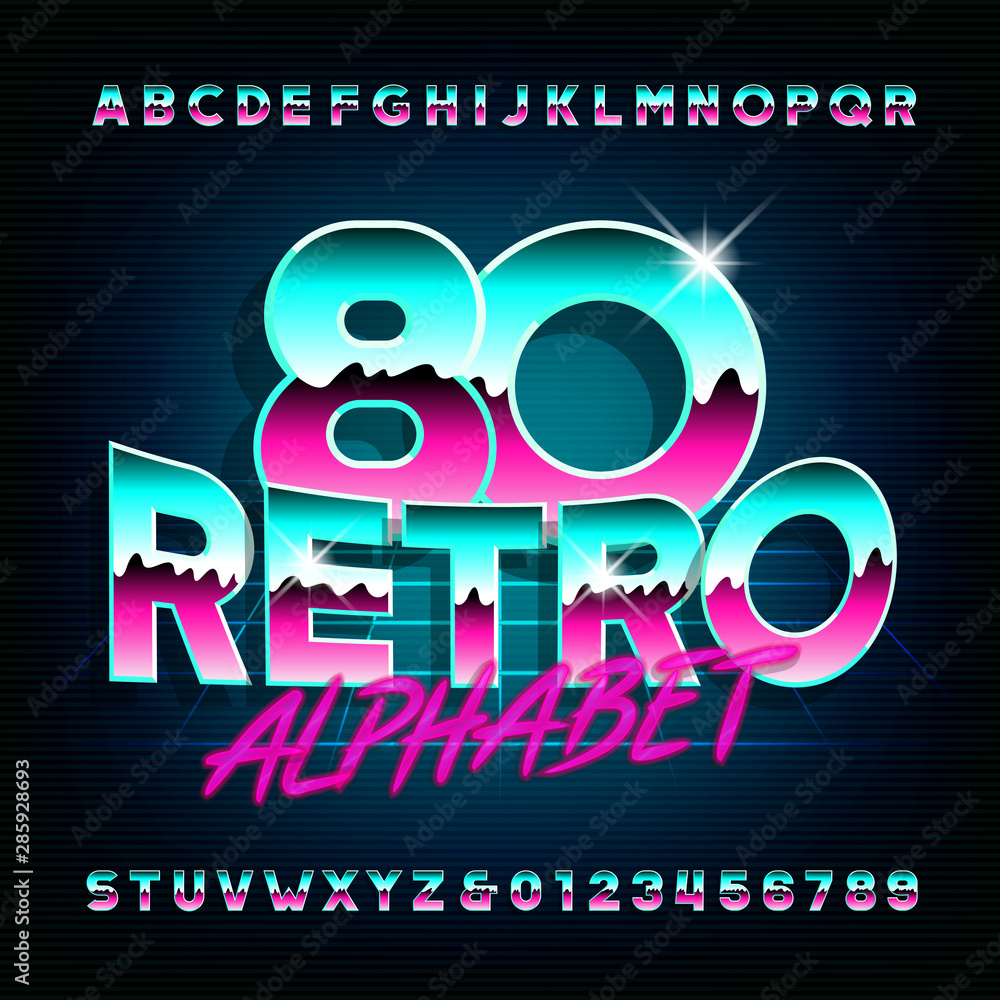 Fototapete 80s retro alphabet font. shiny letters and numbers on dark background. stock vector typescript for y