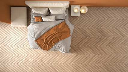 Comfortable colored modern white and orange bedroom with wooden herringbone parquet floor, bed with blanket and pillows, minimal interior design, plan, top view, above