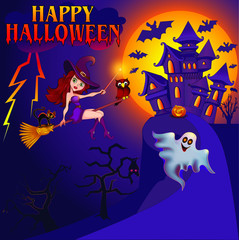 Happy Halloween. Halloween flying little witch. Girl  in halloween costume holds a magic wand. Retro vintage.