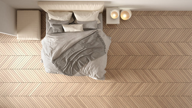 Comfortable modern white and beige bedroom with wooden herringbone parquet floor, bed with blanket and pillows, minimal interior design, plan, top view, above
