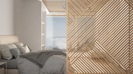 Wooden panel close-up, modern bedroom with big panoramic window, parquet floor. Minimalist zen interior design concept idea, contemporary architecture template
