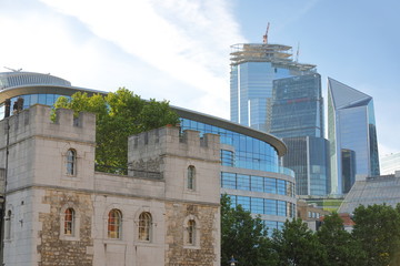 Downtown office building  cityscape and Tower of London gate London England