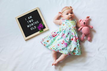 Two months old baby girl wearing floral dress laying down on white background and hugging knitted...