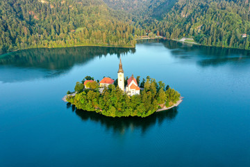 Lake Bled and the Church island of the assumption of Mary, Aerial image on a beautiful Slovenian...