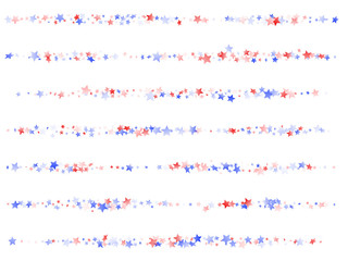 Flying red blue white star sparkles on white vector american patriotic background.