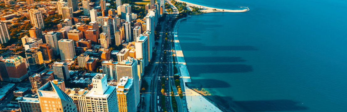 Chicago cityscape with a view of Lake Michigan from above
