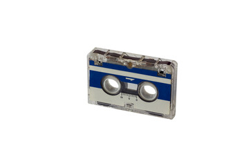 old vintage blue small tape cassette closeup isolated on white background
