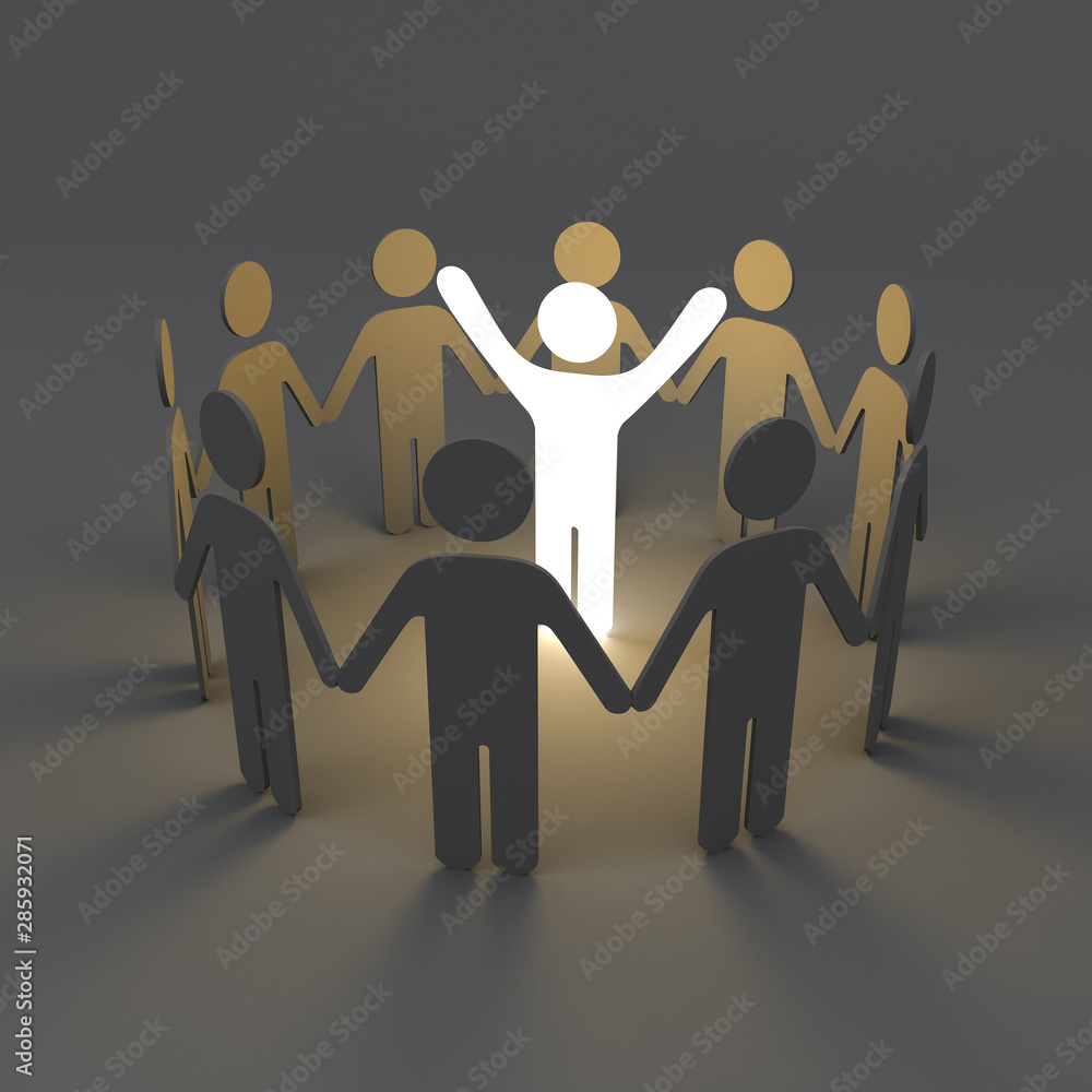 Leinwandbilder Stand out from the crowd creative idea concepts One glowing light man standing with arms wide open among group of people holding hands in a circle on dark grey background with shadows 3D rendering