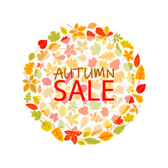 Bright banner for the autumn sale in the form of a circle made of leaves. Vector illustration on a white background