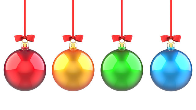New year Set of red, yellow, green and blue Christmas balls with red ribbon and bow. 3D rendering illustration isolated on white background.