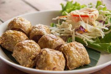 Chinese crab meatball  and vegetable on plate