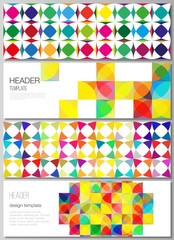 The minimalistic vector illustration of the editable layout of headers, banner design templates. Abstract background, geometric mosaic pattern with bright circles, geometric shapes.
