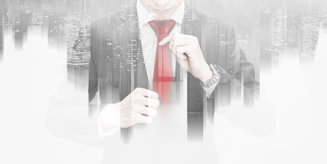 Double exposure, Business leader holding red necktie