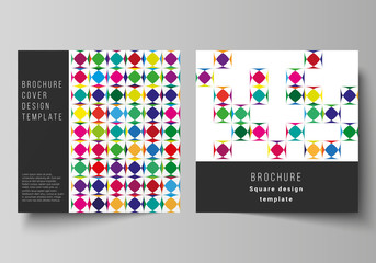 The minimal vector layout of two square format covers design templates for brochure, flyer, magazine. Abstract background, geometric mosaic pattern with bright circles, geometric shapes.