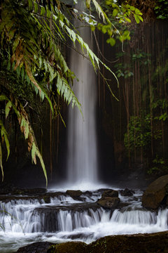 Waterfall landscape. Slow shutter speed, motion photography. Beautiful hidden Sumampan waterfall in tropical rainforest in Bali near Ubud. © Olga