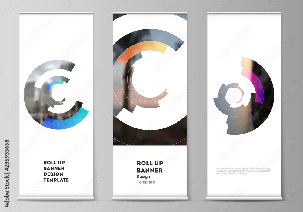 Poster the vector layout of roll up banner stands, vertical flyers, flags design business templates. futuri