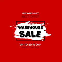 Warehouse Sale banner. Sale offer price sign. Brush vector banner. Discount text. Vector
