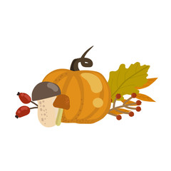 Composition with leaves and berries. Beautiful autumn boutonniere with pumpkin, berries and leaves.