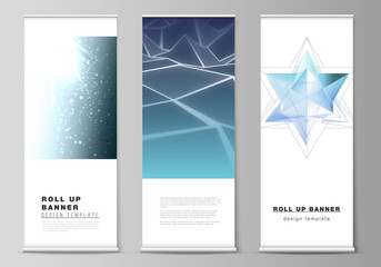 The vector layout of roll up banner stands, vertical flyers, flags design business templates. 3d polygonal geometric modern design abstract background. Science or technology vector illustration.