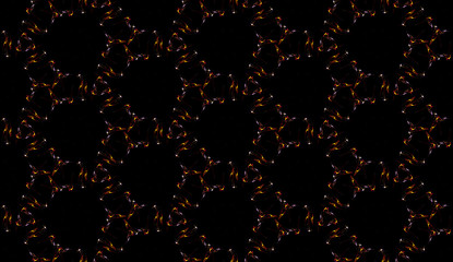 Fantastic seamless pattern on black background. Abstract ornament of repeating glowing elements.