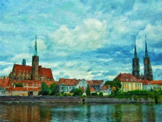 Fototapeta premium Oil painting travel beautiful scene from city Wroclaw in poland. Touristic poster and postcard print template. European old architecture buildings and elements. Contemporary art drawing on canvas.
