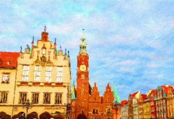 Oil painting travel beautiful scene from city Wroclaw in poland. Touristic poster and postcard print template. European old architecture buildings and elements. Contemporary art drawing on canvas.