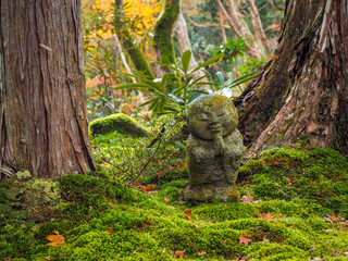 Japanese stone buddha sculpture doll (jizo) on mossy ground for background with copy space - Powered by Adobe