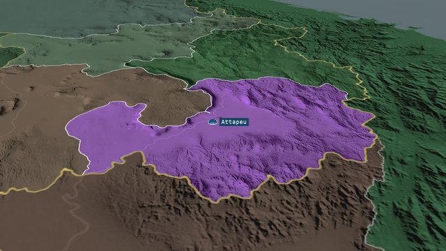 Attapu - province of Laos with its capital zoomed on the administrative map of the globe. Animation 3D