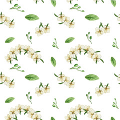 Obraz premium Seamless pattern, watercolor, vanilla flowers, marshmallows, ice cream floral ornament, fruits for texitil, scrap paper, website background