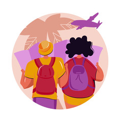 Couple of young people, man and woman with backpacks traveling on holiday trip.Looking the map to find new adventures.Vacation tropical background.Vector illustration with flat cartoon characters.