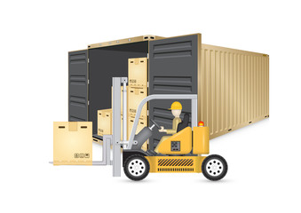 Vector of operator, driver or worker to handling box on pallet into storage or cargo container by forklift, equipment for logistic, shipping and delivery. Freight transport and distribution industry.