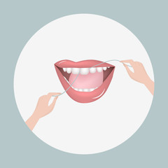 Dental flossing - open female mouth, tongue, beautiful teeth, hands - vector. Tooth protection. Dentist icon.