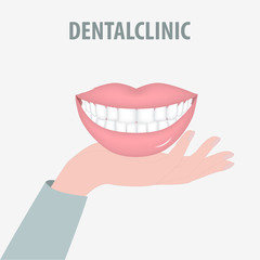 Naklejka premium Dentist icon. On the palm - female beautiful teeth - vector. Tooth protection.