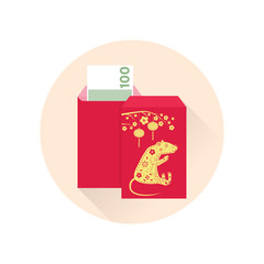 Chinese New Year red envelope flat icon. Vector. Red packet with gold rat and lanterns. Chinese New Year 2019 year of the rat.