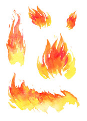 Watercolor fire. Set of different hand drawn flames. Isolated sketch illustration © Alexandra