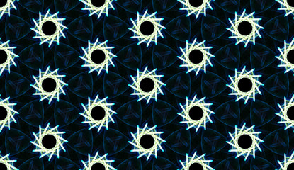 Alien flowers. Surreal seamless pattern on black background. Abstract ornament of repeating glowing elements.