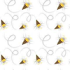 Vector cartoon seamless pattern with cute flying honey bees