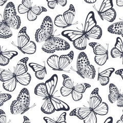 Hand drawn seamless pattern with outline butterflies - 285938066