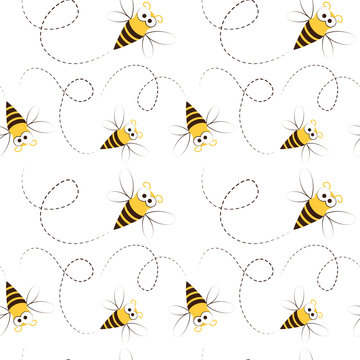 Vector cartoon seamless pattern with cute flying honey bees
