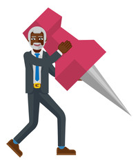 A black mature businessman cartoon character mascot man holding a big thumb tack map drawing pin business concept