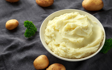 Mashed potatoes in white bowl. Healthy food
