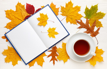 Notebook with clean sheets and a Cup of tea on the background of bright autumn leaves