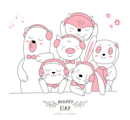 The cute baby animal happy to everyday. Cartoon sketch animal style